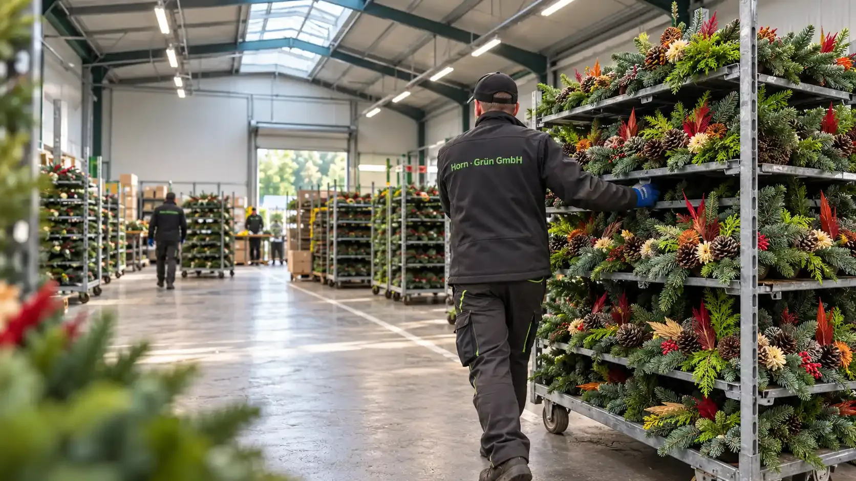 Mitarbeiter der Horn Grün GmbH in der Produktion zwischen Rollwagen mit handgefertigten Natur- und Adventsarrangements.